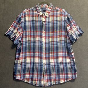 Ralph Lauren 100% Linen Plaid Button Down Shirt S/S Mens L Red White Blue Preppy